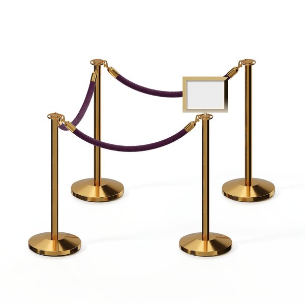 Montour Line Stanchion Post & Rope Kit PolBrass 4FlatTop 3Purple Rope 8.5x11H Sign C-Kit-3-PB-FL-1-Tapped-1-8511-H-3-PVR-PE-PB